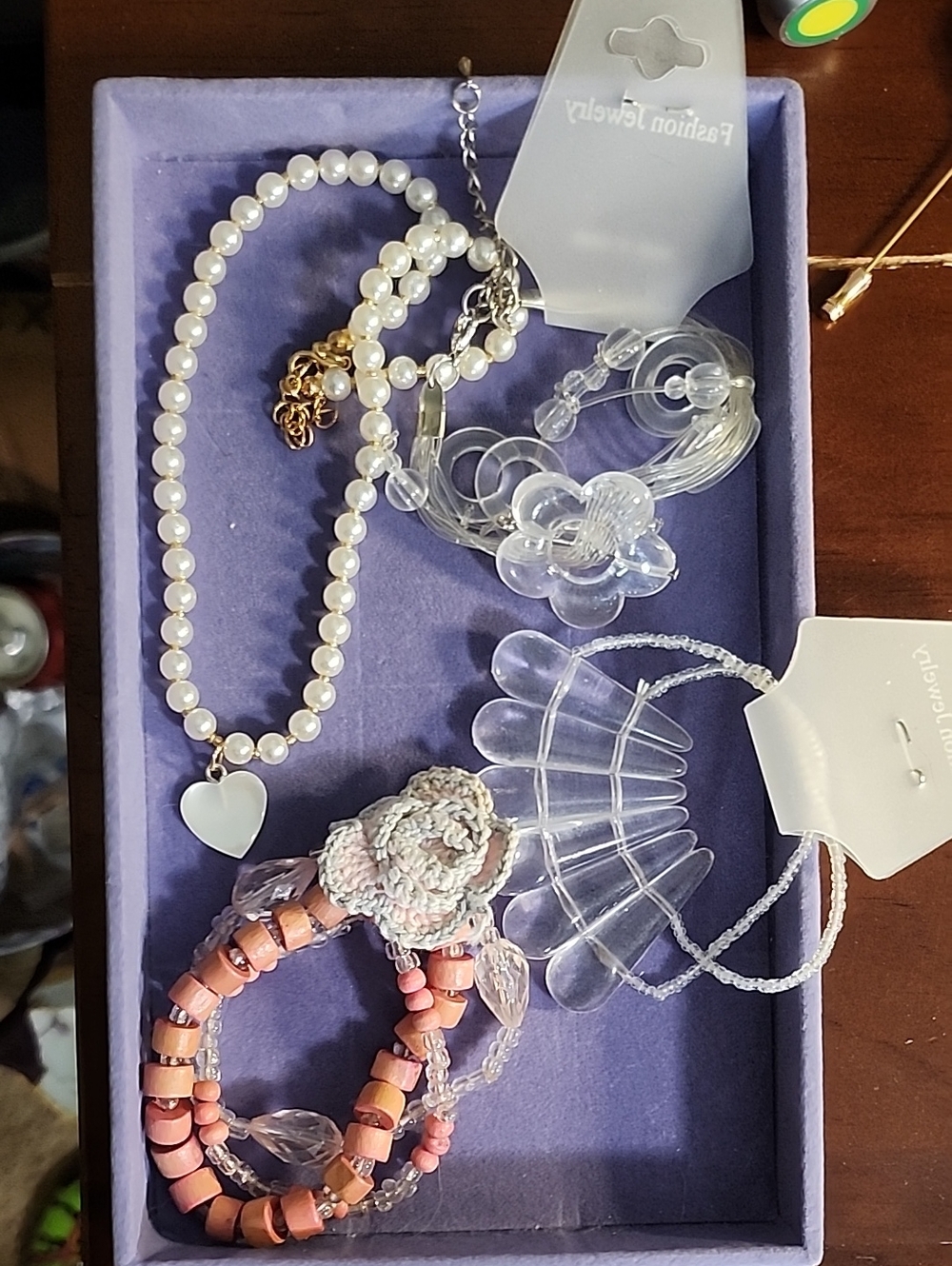 Pearl Heart Pendant Necklace and Pink Beaded Bracelet Set